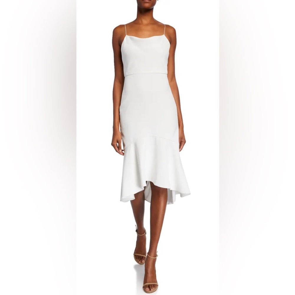 B3 alice + olivia white lined strapped draped neckline high low ruffle midi. 2